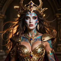 portrait of a powerful celtic queen with sexy neckline and colourful face painting in the style of anna dittmann and in the style of luis royo. glowing, ornate and intricate, stunning, dynamic lighting, intricate and detailed.