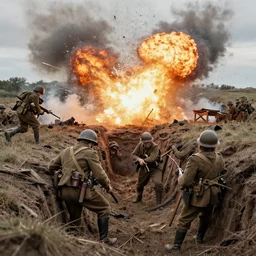 photograph of neanderthals in ww 1., trench warfare, explosion