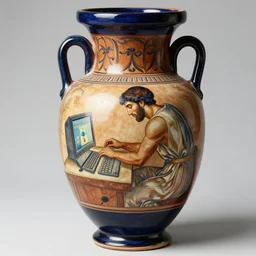 greek vase painting of a man playing games on his computer with his backed hunched, 4 k, award winning photograph, highly detailed