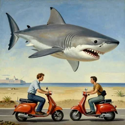 massive shark chasing a man on a scooter in a Salvador Dali painting style