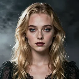 modeling photograph sophie turner, blonde, beautiful, dark, mysterious, bubble goth, detailed symmetrical face, half body shot, fog dramatic, teen