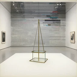an object in a vast museum, by marcel duchamp, archival pigment print, 1 9 2 0, academic art, conceptual art, white, grey, gold, glass, metal readymade, in the style of hito steyerl, installation art, video glitch, historical record