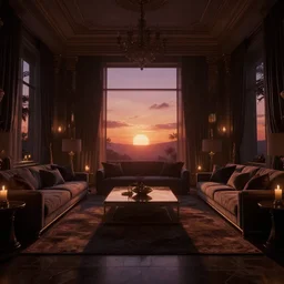videogame screenshot of a very dark dreamy sunset luxury maximalist living room, candlelight, sunset glow, dark shadows, octane render, volumetric lighting, raytracing, symmetrical wide shot low angle
