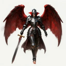 dnd art, female vampire knight, flying, barefoot, black plate armor, historical armor, realistic armor, full body, monstrous mask, giant two - handed sword dripping blood, red wings, grinning, barefeet, realistic, pathfinder.