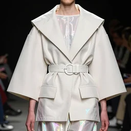 haute couture modern iris van herpen fold volume coat with open neckline, double layer oversize curved seam top, double layer fold over hem, cropped wide sleeve, self belt with leather covered ring closure, back slit, tonal topstitching, intricate white hardware, lined in cotton, holographic tones scheme sigma, avant modern runway design 8 5 mm f _ 8, high detail