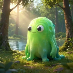 a slime creature in a forest near a lake at sunrise, hyperrealistic, concept art, photorealistic, octane render, unreal engine 5, path traced, highly detailed, high quality, 8K, soft lighting, geometric, sunrays, trending on Artstation, soft lighting