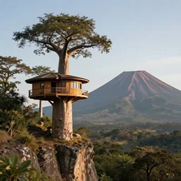 a modern treehouse made on the side of a cliff in madagascar, baobab tree, next to an enormous volcano, artstation, an epic fantasy, cinematic lighting, hyper realistic, photographic, sharp focus, by greg rutkowski and wolp