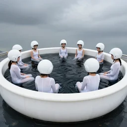 realistic photo of a group of common girls in white tights, wearing white spherical helmets, in a big white plastic sci - fi egg - like pool with black water, in a center of the pool with black oil water, the sky is grey 2 0 0 0, life magazine photo,