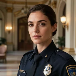 cinematography closeup portrait of a beautiful woman cop in an decadent mansion foyer by Emmanuel Lubezki