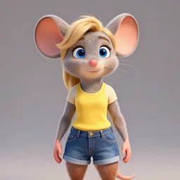 3 d render, portrait, upper body shot, mid shot, anthropomorphic mouse, female, blond furr, blue eyes, wearing denim short shorts and a off yellow tank top shirt, solo, in the style of zootopia