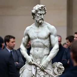 statue of frustrated Poseidon very annoyed and complaining to other people, Sigma 85mm f/1.4