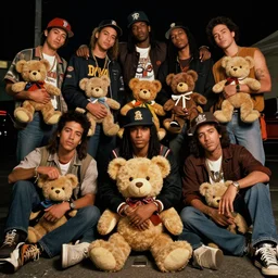 ultra realistic photo of street gangs over the years, with their teddy bear. 8 0 s. lighting dim. awards winner photographers.