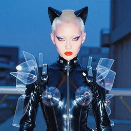 a close - up grainy risograph painting of cyberpunk japanese model man albino wearing latex catsuit and lots of transparent and cellophane accessories, blue hour, twilight, by moebius and jack gaughan and lehr paul