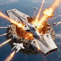 many starfighters fly out of the rich nest shaped starcraft carrier. human r - type starfighters bravely fight, launch energy weapons, launch missiles, huge energy beams, explode and smash.
