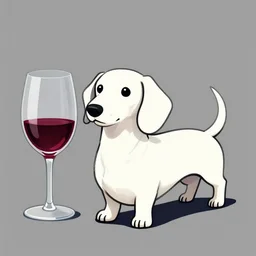 drawing of a white dachshund standing next to a glass of red wine!, trending on artstation