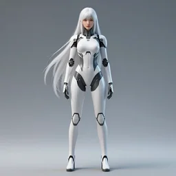 upright and straight android women, scifi, futuristic design, full body model, long white hair, character design, cinematic lighting, highly detailed, by beeple, goro fujita, smooth gradient.