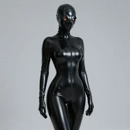 hooded slim petite female plague doctor, in extra tight shiny black latex suit, long sleeves, turtleneck, trending on artstation, latex plague crow mask, establishing shot