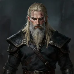 geralt of rivia with long beard and intense eyes, scarred, full body, portrait, sinister atmospheric lighting. highly detailed painting by greg rutkowski, anime style