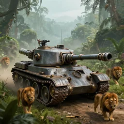armored tanks steampunk, with cannons, rocket launcher, in a jungle valley, foggy, lions walking, octane render, volumetric, unreal engine, depth of field