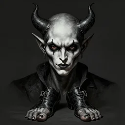portrait of a trickster devil wearing toe shoes ( vibram five fingers ), digital art, grim - lighting, high - contrast, intricate, elegant, highly detailed, centered, digital painting, artstation, concept art, smooth and matte textures, sharp focus, illustration, annie leibovitz, greg rutkowski, alphonse mucha, karol bak, magalie villeneuve