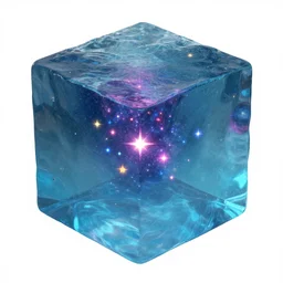 a large cube of space water where you can see colorful stars through the water floating in the air center of screen, white bg, unreal engine, concept art