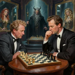 a photorealistic highly detailed painting of a vintage 1 9 5 0's game show host playing chess with god in a hall of mirrors by johfra bosschart, lisa frank, kinkade, visionary art, dark fantasy art, high detail, trending on artstation