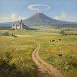 painting of a vast field in a large medieval kingdom, dirt paths in various directions and a cattle ranch and a large castle visible in the distance, a volcanic mountain topped by a ring of smoke in the horizon, trending on artstation
