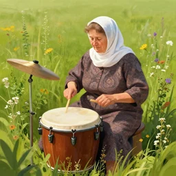 a babushka playing drums in a field full of herbs, digital art