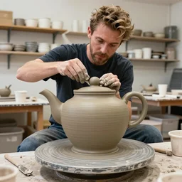 johnny vegas making a very large clay teapot, art school, studio, wet clay, photorealistic, stand up comedy