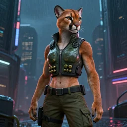 female anthro mountain lion, bullet proof vest, cargo pants. cyberpunk city, night, rain. hyper detailed, dynamic background, digital art, trending in artstation, cinematic lighting, studio quality, smooth render, unreal engine 5 rendered, octane rendered, art style by klimt and nixeu and ian sprigger and wlop and krenz cushart