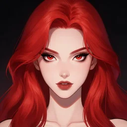 princess of darkness, style of mcbess, rutkowski, artgerm comic, piercing eyes, long glowing red hair