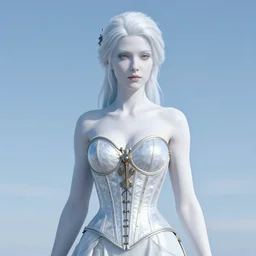 portrait of a steampunk ice lady, elegant d - cup corset, pale white skin, sky - blue dress, robes, black jewerly, dark blue hair, sitting on ice throne, beautiful fractal ice background, ornamental, highly detailed, detailed face, smooth, sharp focus, digital painting, by artgerm and greg rutkowski and alphonse mucha
