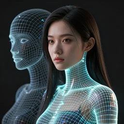 beautiful young woman portrait, high poly 3 d glowing wireframe models, overlay of a 3 d wireframe version, textures turned off, ultra realistic, dramatic lighting, intricate details, holographic artifacts, highly detailed by peter mohrbacher, boris vallejo, hajime sorayama, wayne barlowe, paolo eleuteri serpieri