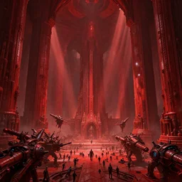 the depths of a vast artificial world with massive towering pillars holding the ceiling of the landscape up, detailed, ruby coloration, energetic beings patrolling, extreme depth, wayne barlowe, hieronymus bosch, and peder balke collaboration, godrays, colossal hovering machine automations of brutalist design visible in the foreground