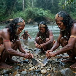 asian prehistoric people, asemble at the river bank, make stone adze from pebble at the river bank in the rainforest, and fishing, high qulity realistic face, hyper - realistic, highly detailed, 8 k, cinematic lighting, global illumination, elegant, ornate, super detail, the light is dim, and the colours are muted. kodak etkar 1 0 0