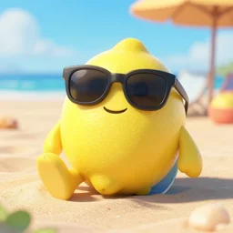 3D render, Pixar Still, Lemon Character wearing sunglasses relaxing on the beach