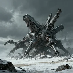 massive mechanical structure building on a rocky snowy beach, horror vibes, matte painting