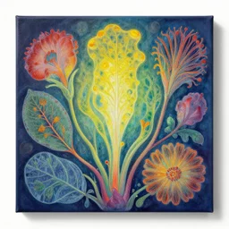 colorful artwork by ernst haeckel with vivid macroscopic imprints of ethereal plant illumination, put onto canvas