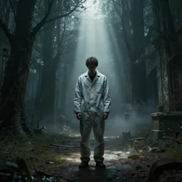 an man in a straight jacket in an eerie asylum, sad, loneliness, god rays, digital art, landscape, fantasy art, octane render, ureal engine, high detail, very realistic, by greg rutkowski. by james gurney