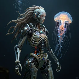 underwater photography of a biopunk human skeleton with dreadlocks in symbiosis with a queen made of jellyfish, intricate and ornate alien technology, bioluminescence, bloom, dim rim lighting, by victor grasso and scott musgrove, anton h. r. giger and tooth wu, digital illustration, concept art, cg society