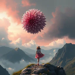 giant dahlia flower crown under head, girl walking on mountain, surreal photography, pink and grey storm clouds, dramatic light, impressionist painting, digital painting, artstation, simon stalenhag