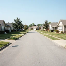 Photograph of a liminal middle class American suburb, empty street, cookie cutter houses, broad daylight