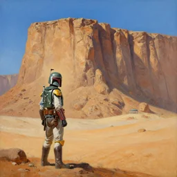 Boba Fett looking at a giant cliff on Tatooine, oil painting