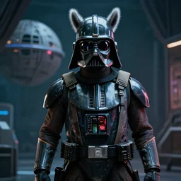 cyberpunk extreme detail 4 k llama wearing a dearth vader helmet standing in the death star