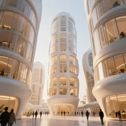 the inside of a very tall building, big pods, big windows, octane render, warm color, white, cyberpunk style architecture by zaha hadid, cinematic, scenery, cgsociety, trending on artstation, sci - fi, high detail, high quality, close up angle, people walking