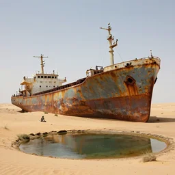 an abandoned rusty cargo ship in the desert, in the foreground a small oasis, on the bow 2 skeletons in a t - pose, extremely detailed line art and watercolor by kim jung gi, wide view, rule of thirds