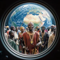 analogue of a African tribal man Djing a party on a spaceship, planet earth seen in porthole window, wide angle,