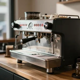 professional photo of a high end espresso machine in a cafe, dof