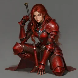 portrait girl, red leather armor, crouch pose, long hair tail with pipe up, chain tabard, dnd fantasy, intricate, digital painting, artstation, concept art, matte, sharp focus, illustration, hearthstone, art by loes romero, artgerm, mucha