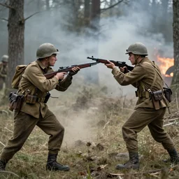 ww 2 battlefield encounter in the woods between 2 american soldiers and a german soldier fighting for their lives, hd realistic faces, dirt and dust particles in the air, smoke and fire in the distance - c 1 3